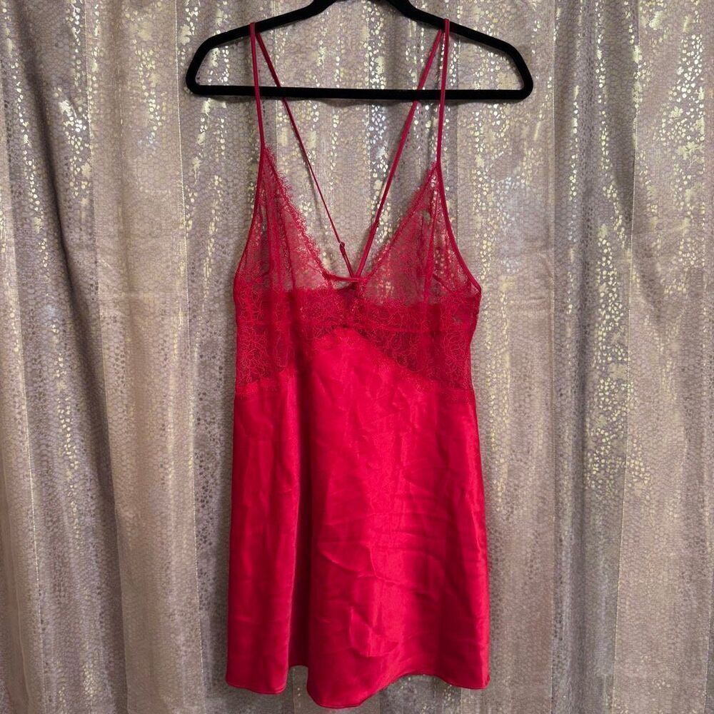 Victorias Secret Lipstick Red Lace Plunge Babydoll Slip Chemise Flawed XL